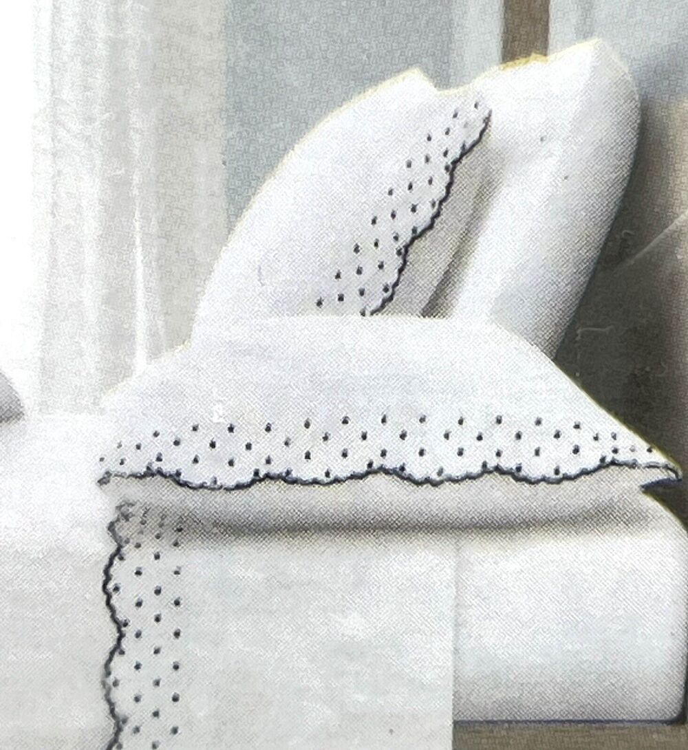 Shabby Chic Embroidered King Sheet Set Scallop Dot Navy Blue White 100% Cotton